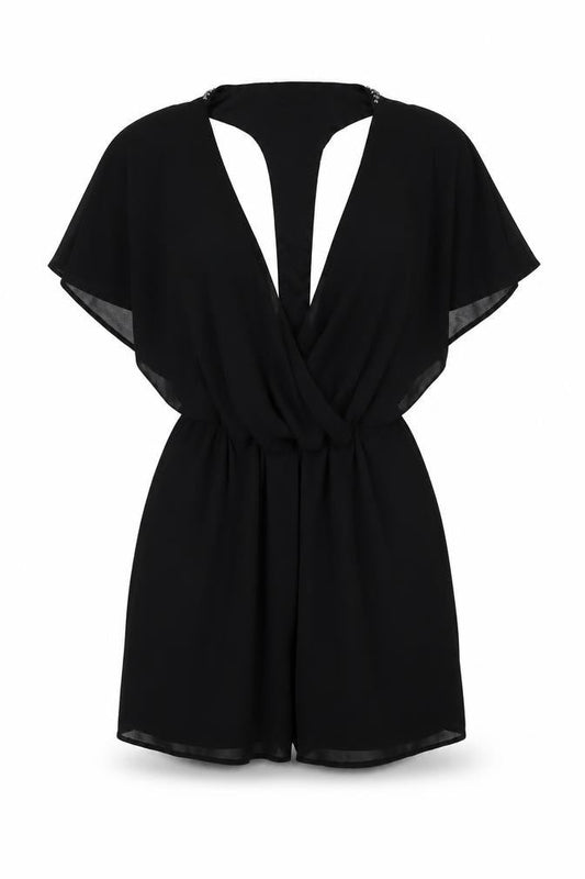 Front view of Miss Selfridge women’s black polyester playsuit one-piece, size UK 6, pullover - rhinestone back panel