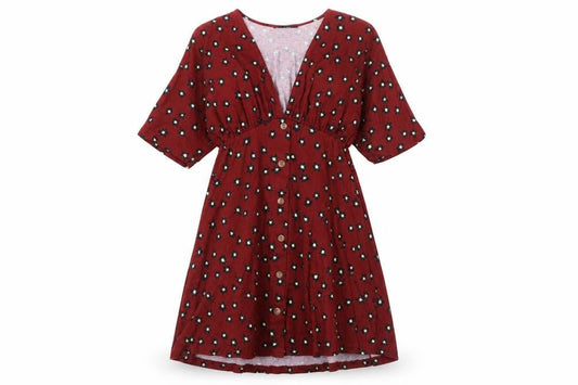 Front view of ASOS women’s red geometric cotton a-line, size UK 8, v-neck pullover - button detail floral print