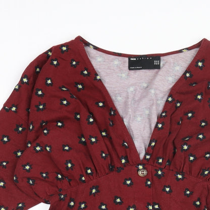ASOS Womens Red Geometric Cotton A-Line Size 8 V-Neck Pullover - Button Detail Floral Print