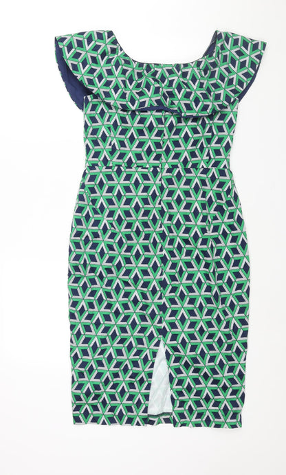 Traffic People Womens Green Geometric Cotton Pencil Dress Size M Boat Neck Zip - Frill