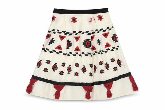Eloquii Womens Ivory Geometric Cotton A-Line Skirt Size 16 - Embroidered Tassle Detail