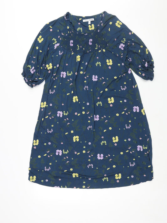 NEXT Womens Blue Floral Viscose Shift Size 14 Round Neck Pullover - Rouched