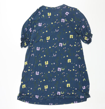 NEXT Womens Blue Floral Viscose Shift Size 14 Round Neck Pullover - Rouched