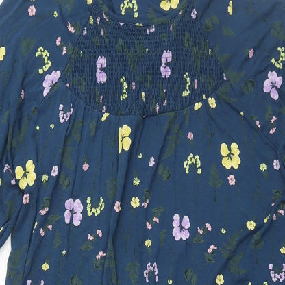 NEXT Womens Blue Floral Viscose Shift Size 14 Round Neck Pullover - Rouched
