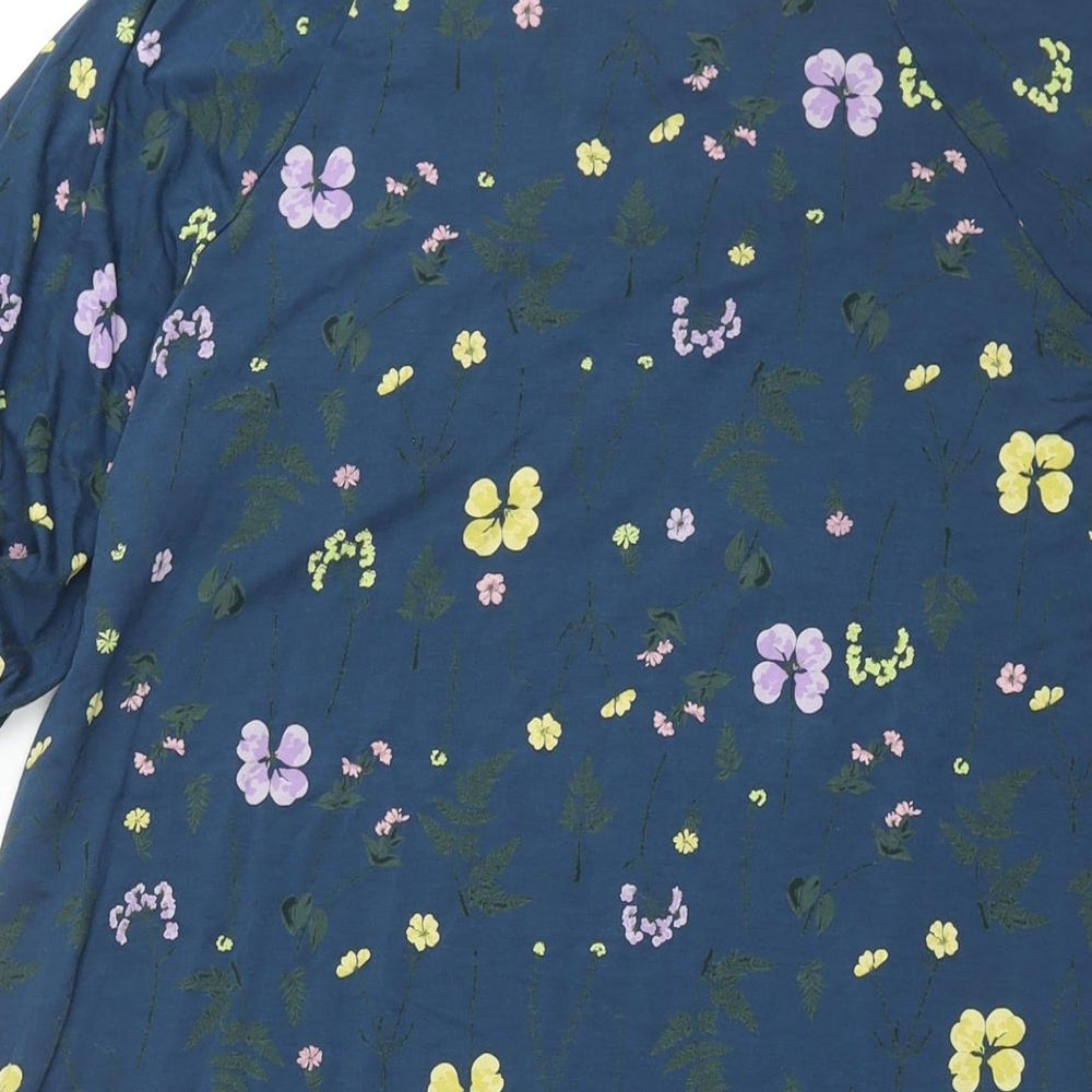 NEXT Womens Blue Floral Viscose Shift Size 14 Round Neck Pullover - Rouched
