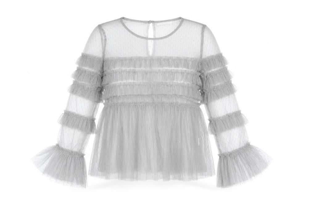 Glamorous Womens Grey Polyester Basic Blouse Size 10 Round Neck - Semi Sheer Frill