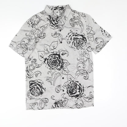 River Island Mens Grey Floral Polyester Button-Up Size S Collared Button - Semi Sheer