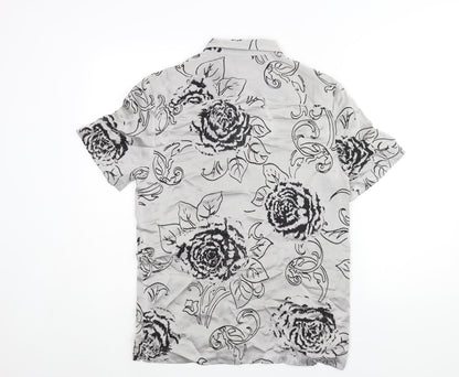 River Island Mens Grey Floral Polyester Button-Up Size S Collared Button - Semi Sheer