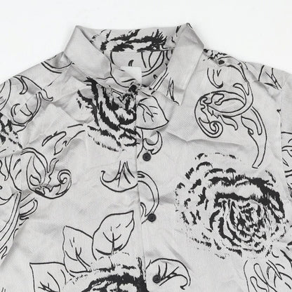 River Island Mens Grey Floral Polyester Button-Up Size S Collared Button - Semi Sheer