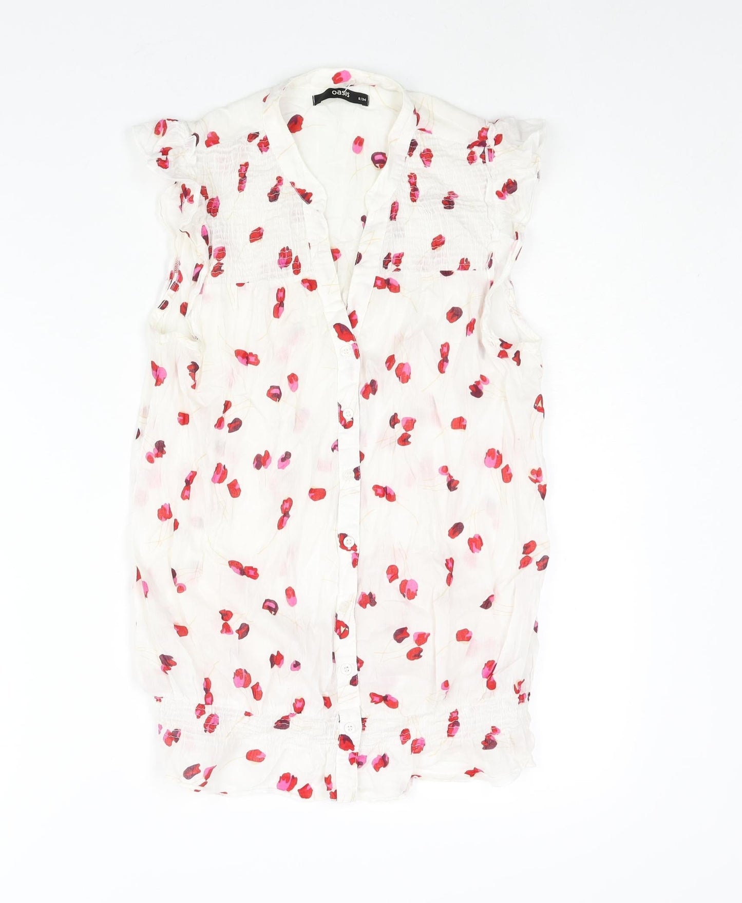 Oasis Womens White Floral Cotton Basic Blouse Size 8 V-Neck - Rouched Frill