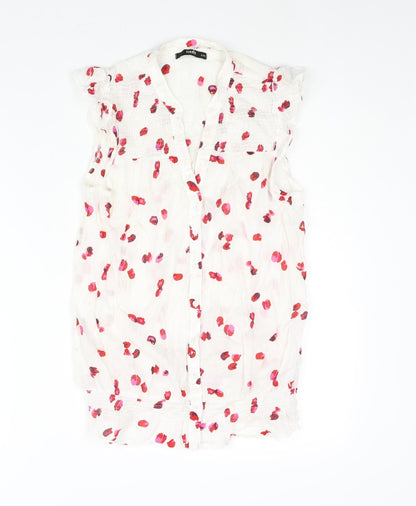 Oasis Womens White Floral Cotton Basic Blouse Size 8 V-Neck - Rouched Frill