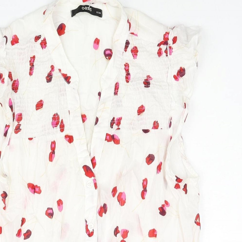 Oasis Womens White Floral Cotton Basic Blouse Size 8 V-Neck - Rouched Frill