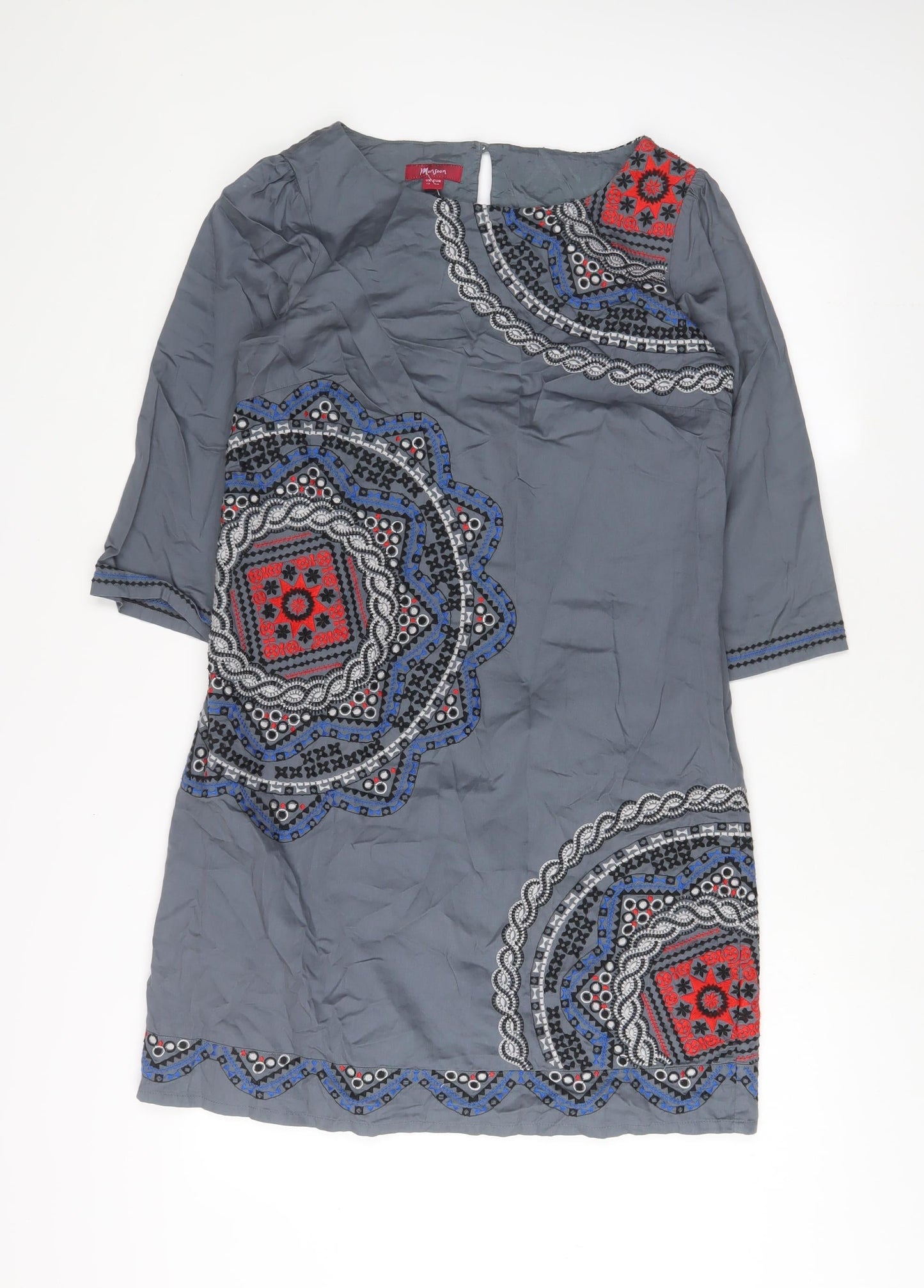 Monsoon Womens Grey Fair Isle Cotton A-Line Size 12 Boat Neck Button - Embroidered