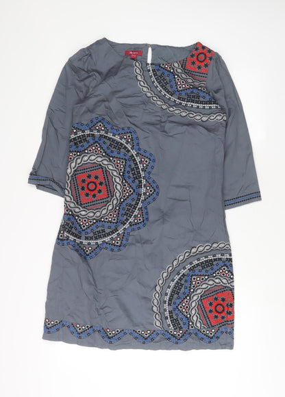 Monsoon Womens Grey Fair Isle Cotton A-Line Size 12 Boat Neck Button - Embroidered