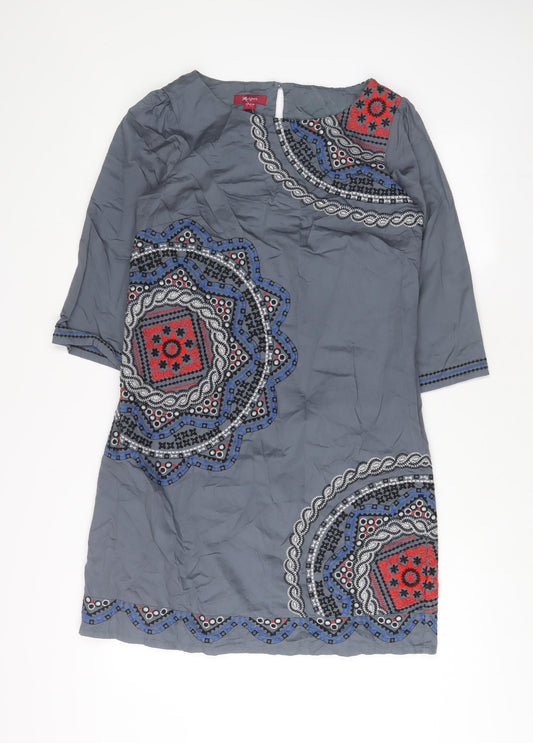 Monsoon Womens Grey Fair Isle Cotton A-Line Size 12 Boat Neck Button - Embroidered