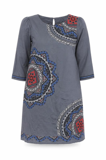 Monsoon Womens Grey Fair Isle Cotton A-Line Size 12 Boat Neck Button - Embroidered