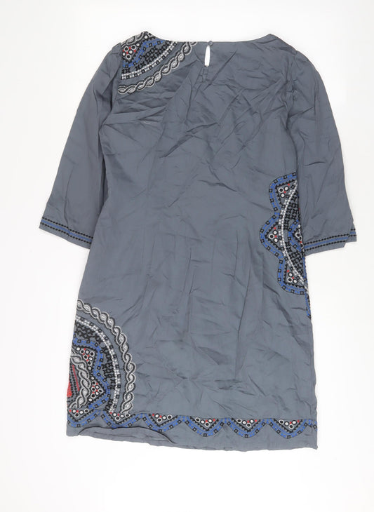 Monsoon Womens Grey Fair Isle Cotton A-Line Size 12 Boat Neck Button - Embroidered