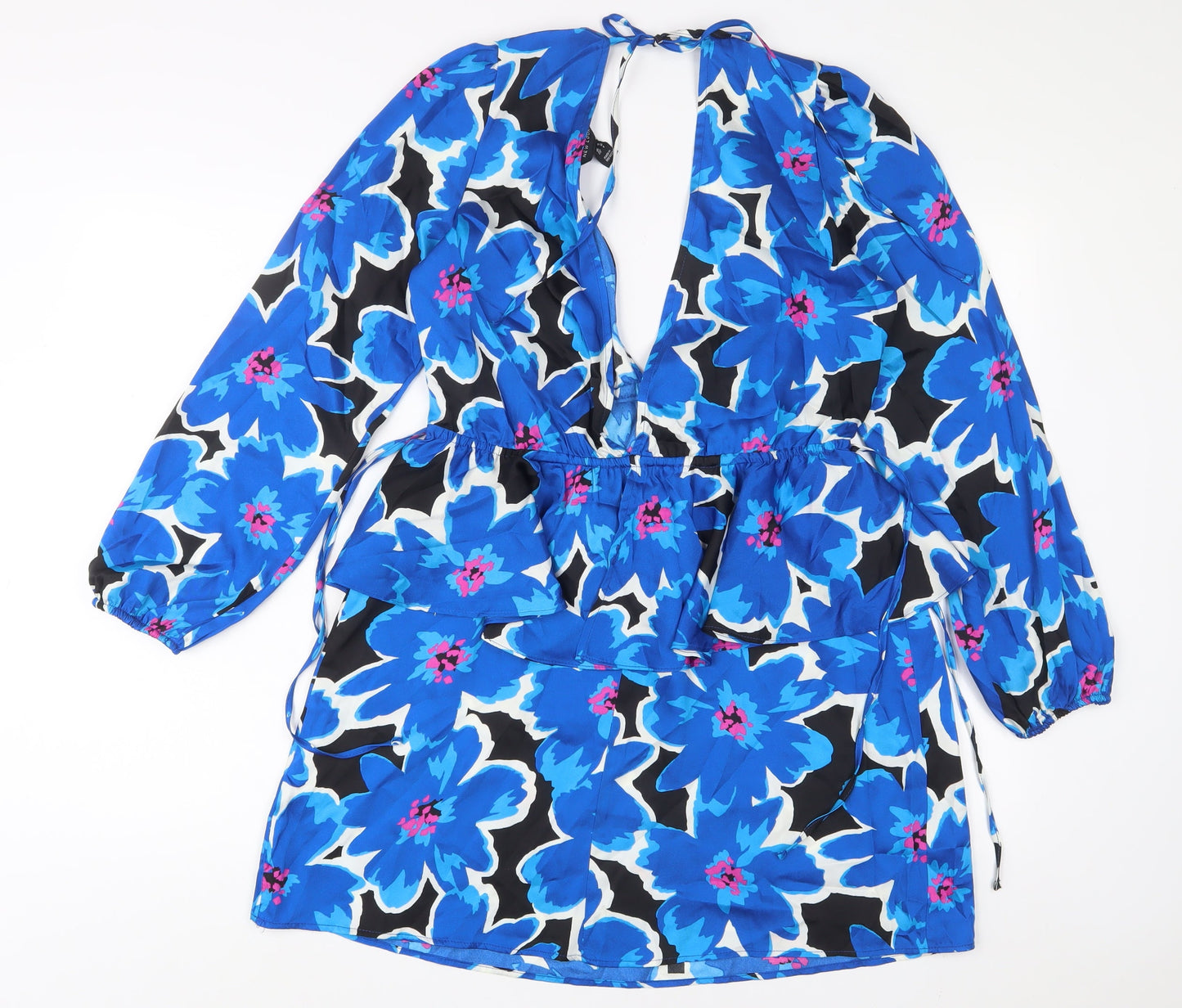 New Look Womens Blue Floral Polyester A-Line Size 12 V-Neck Tie
