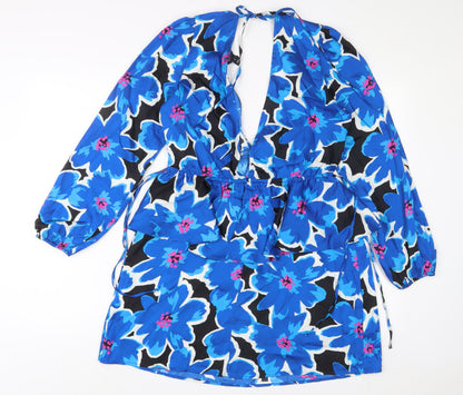 New Look Womens Blue Floral Polyester A-Line Size 12 V-Neck Tie