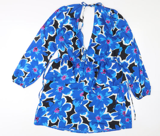 New Look Womens Blue Floral Polyester A-Line Size 12 V-Neck Tie
