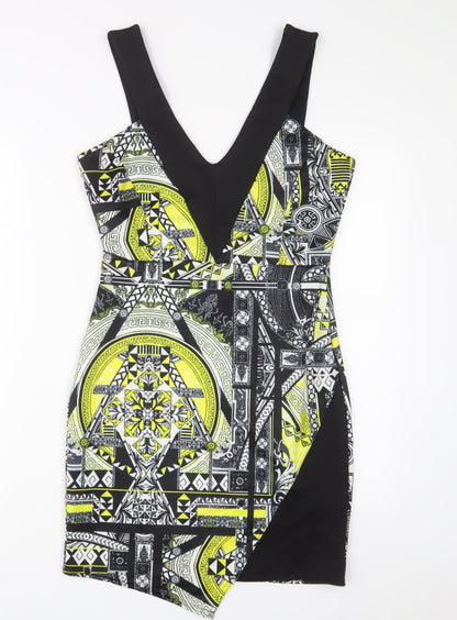 Miss Selfridge Womens Yellow Geometric Polyester A-Line Size 12 V-Neck Pullover