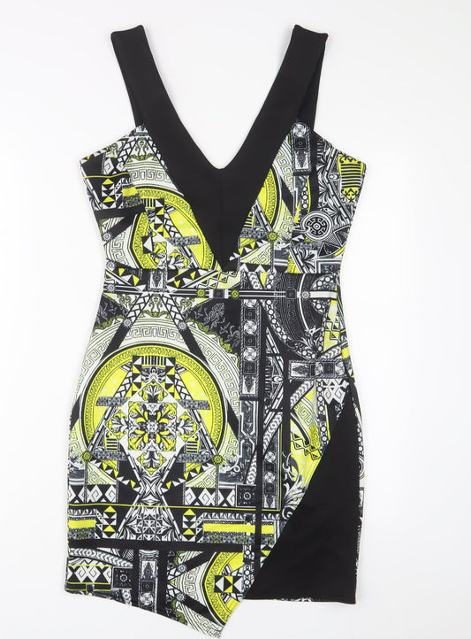 Miss Selfridge Womens Yellow Geometric Polyester A-Line Size 12 V-Neck Pullover