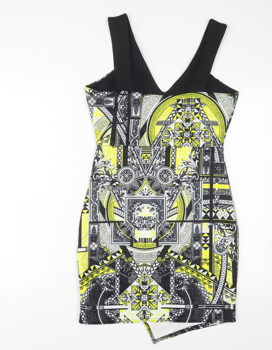 Miss Selfridge Womens Yellow Geometric Polyester A-Line Size 12 V-Neck Pullover