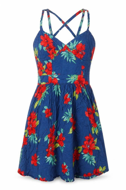 Front view of ASOS women’s blue floral cotton a-line, size UK 8, v-neck zip - cross back