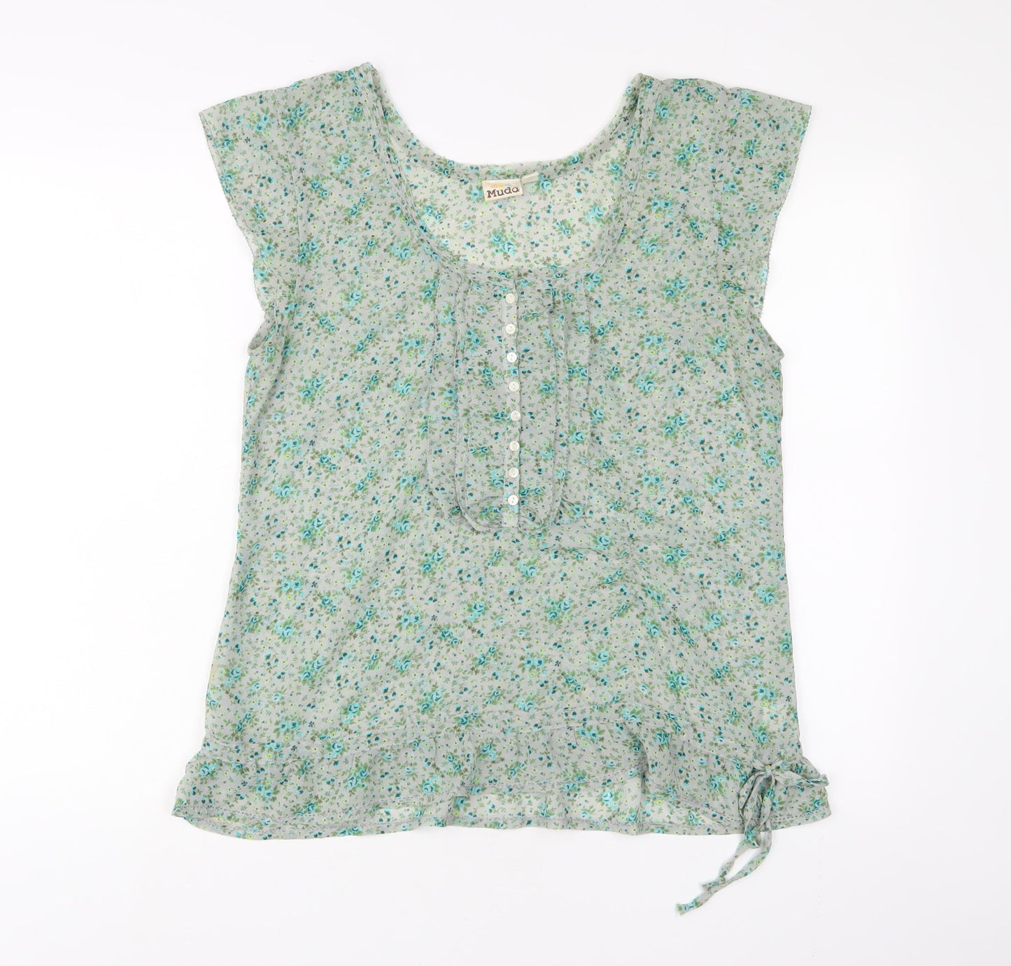 Muda Womens Green Floral Polyester Basic T-Shirt Size XL Scoop Neck