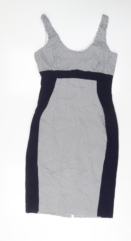 The pretty dress company Womens Blue Geometric Cotton Sheath Size 14 Scoop Neck Zip