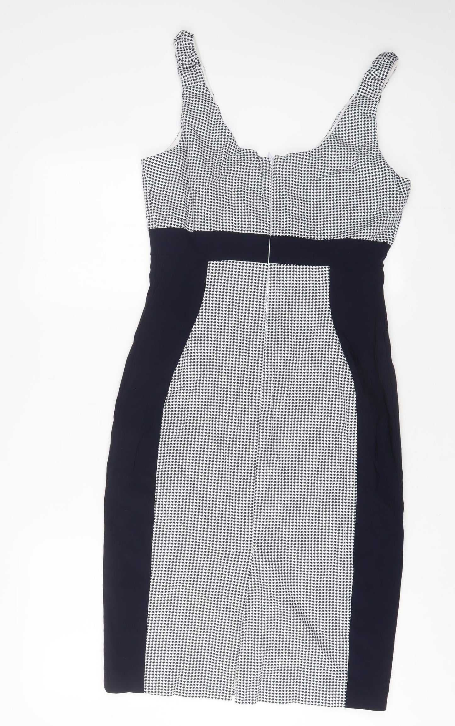 The pretty dress company Womens Blue Geometric Cotton Sheath Size 14 Scoop Neck Zip
