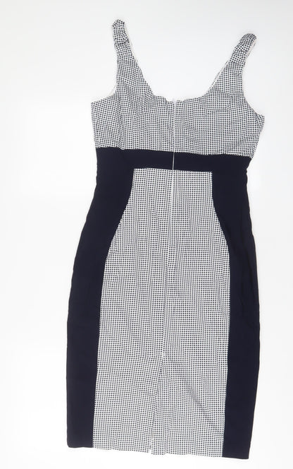 The pretty dress company Womens Blue Geometric Cotton Sheath Size 14 Scoop Neck Zip