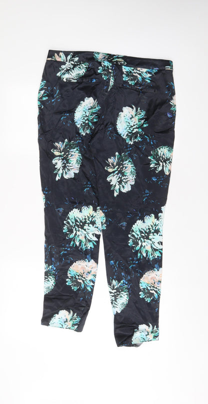 River Island Womens Blue Floral Cotton Trousers Size 12 L28 in Regular Hook & Eye