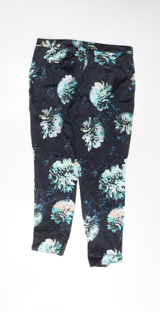 River Island Womens Blue Floral Cotton Trousers Size 12 L28 in Regular Hook & Eye
