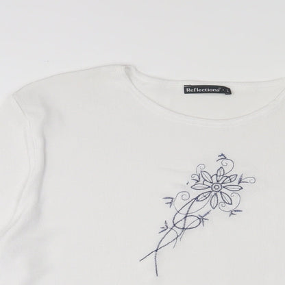 Reflections Womens White Polyester Basic T-Shirt Size L Crew Neck - Embroidered