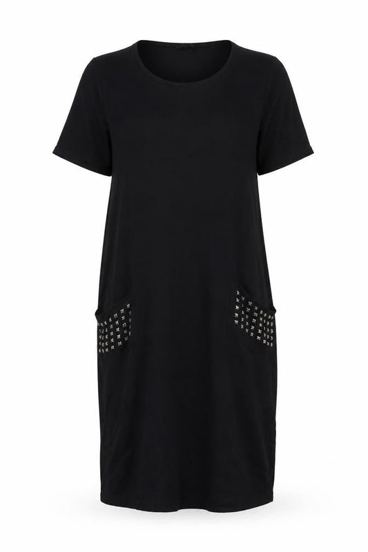 Front view of Roman women’s black viscose sheath, size UK 14, scoop neck pullover - studded