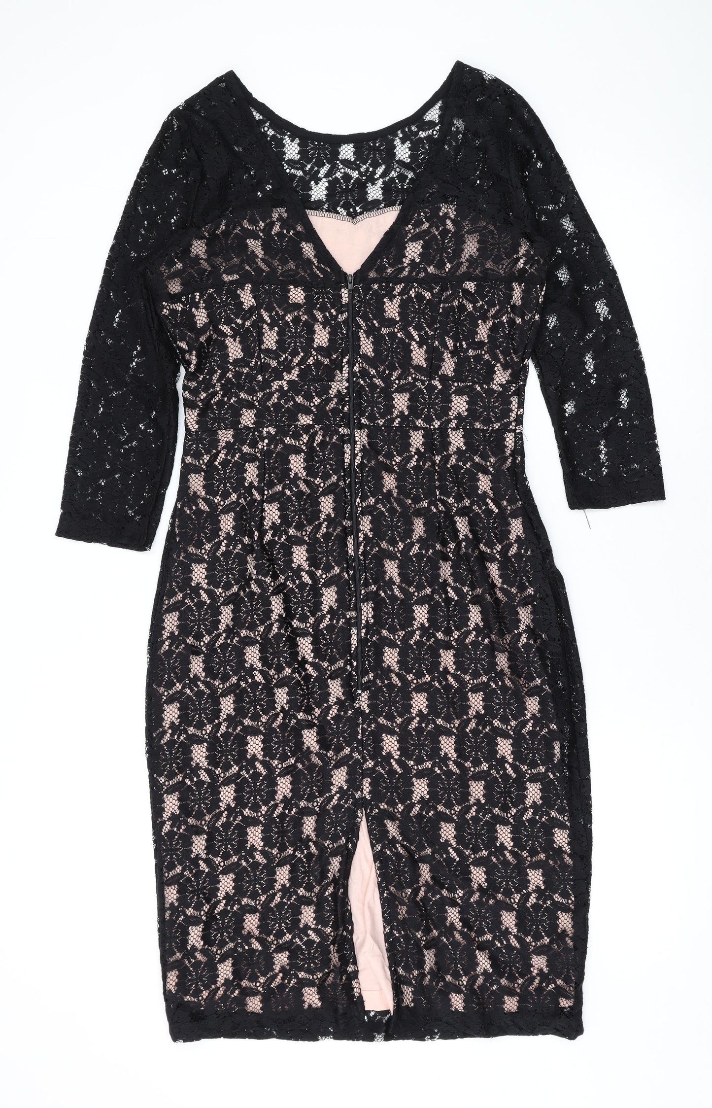 Dorothy Perkins Womens Black Floral Polyester Bodycon Size 14 Round Neck Zip