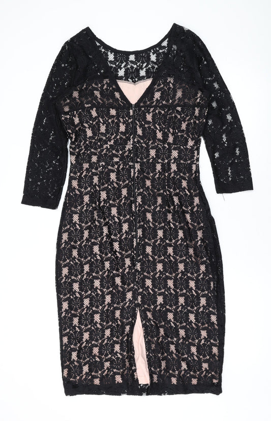 Dorothy Perkins Womens Black Floral Polyester Bodycon Size 14 Round Neck Zip