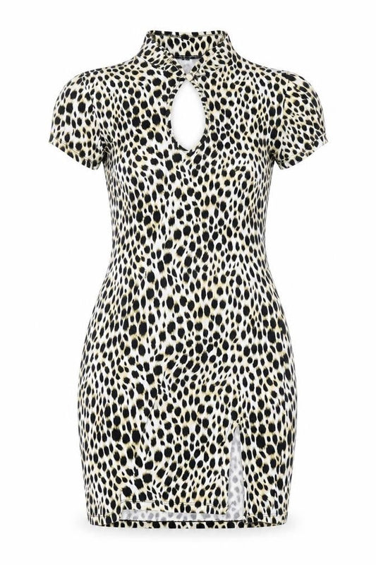 Motel Womens Brown Animal Print Cotton Bodycon Size XS Round Neck Button