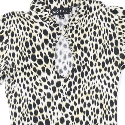 Motel Womens Brown Animal Print Cotton Bodycon Size XS Round Neck Button