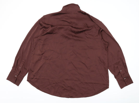 H&M Womens Brown Polyester Basic Button-Up Size XL Collared