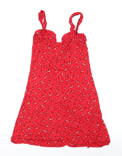 PRETTYLITTLETHING Womens Red Floral Viscose A-Line Size 6 V-Neck Pullover