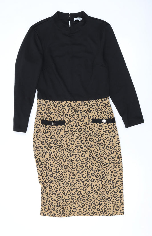 Dorothy Perkins Womens Black Animal Print Polyester Bodycon Size 8 Mock Neck Button