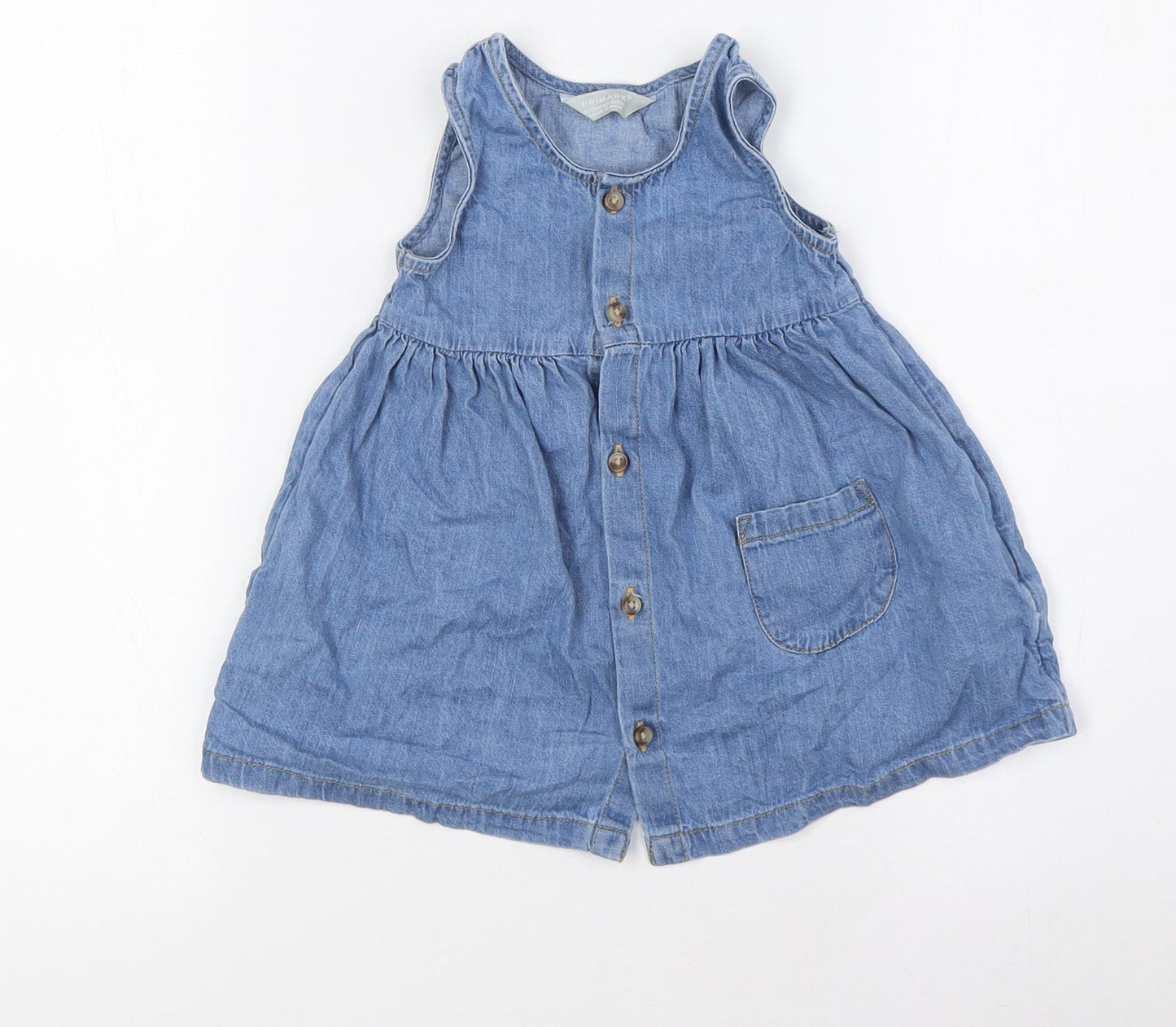Primark Girls Blue 100% Cotton A-Line Size 9-12 Months Round Neck Button - Pocket