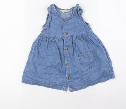 Primark Girls Blue 100% Cotton A-Line Size 9-12 Months Round Neck Button - Pocket