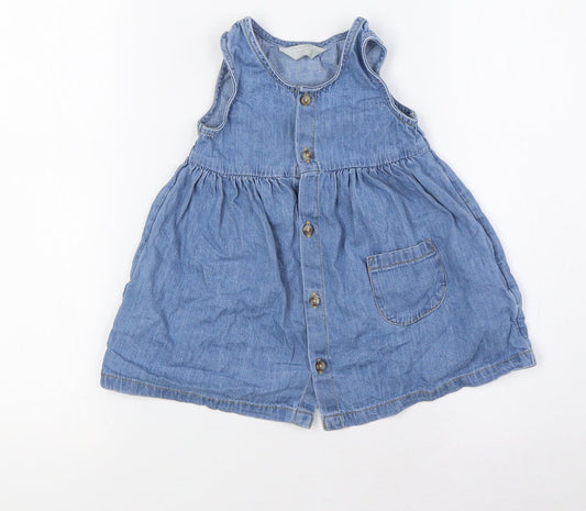 Primark Girls Blue 100% Cotton A-Line Size 9-12 Months Round Neck Button - Pocket