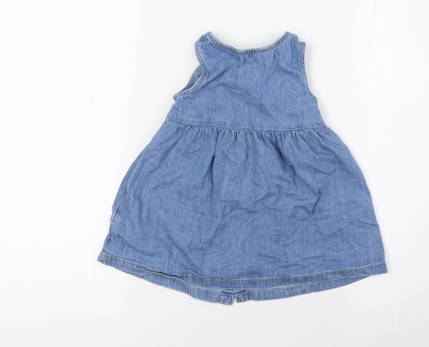 Primark Girls Blue 100% Cotton A-Line Size 9-12 Months Round Neck Button - Pocket