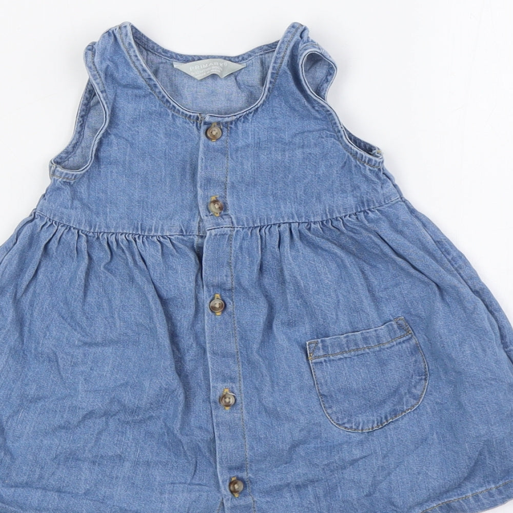 Primark Girls Blue 100% Cotton A-Line Size 9-12 Months Round Neck Button - Pocket