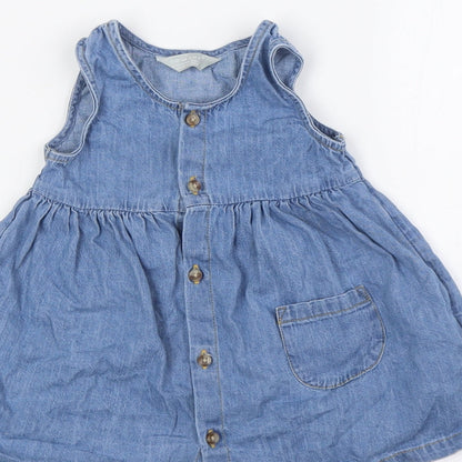 Primark Girls Blue 100% Cotton A-Line Size 9-12 Months Round Neck Button - Pocket