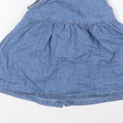 Primark Girls Blue 100% Cotton A-Line Size 9-12 Months Round Neck Button - Pocket
